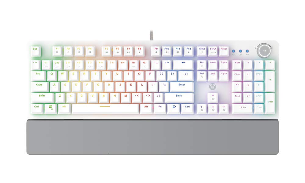 Gaming Mechanical Keyboard Fantech MK853 104 Keys USB Wired RGB Backlight with Multi Function Scroll with Ergonomic Wrist Pad for Mac Windows PC Computer Laptop White Color Blue Switch