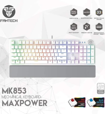 Gaming Mechanical Keyboard Fantech MK853 104 Keys USB Wired RGB Backlight with Multi Function Scroll with Ergonomic Wrist Pad for Mac Windows PC Computer Laptop White Color Blue Switch