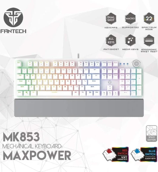 Gaming Mechanical Keyboard Fantech MK853 104 Keys USB Wired RGB Backlight with Multi Function Scroll with Ergonomic Wrist Pad for Mac Windows PC Computer Laptop White Color Blue Switch