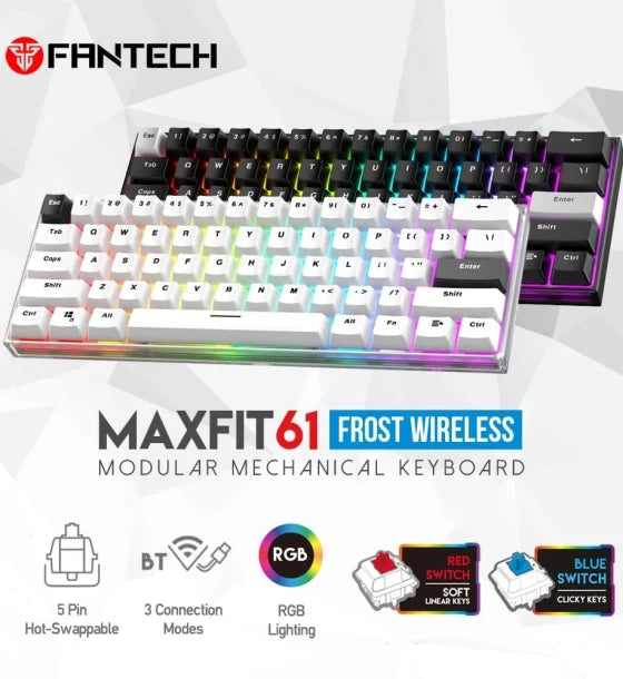 Mechanical Keyboard FANTECH MAXFIT61 Frost Wireless 60% Type-C Compact 61keys Hot Swappable RGB Gaming Keyboard for Windows PC Clicky Blue Switch White
